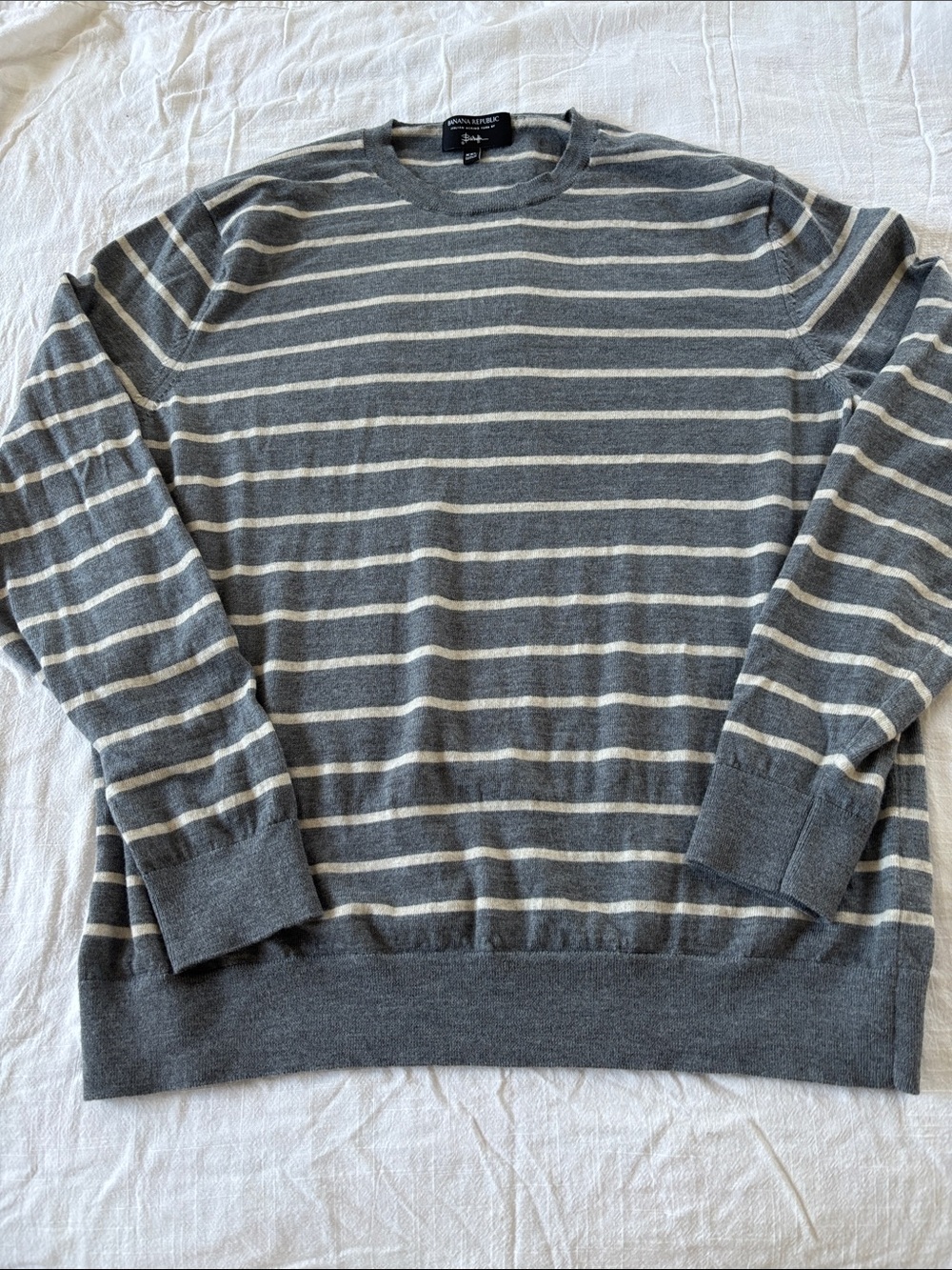 Banana Republic merino crewneck sweater, blue/gray w/ cream stripes, size XXL